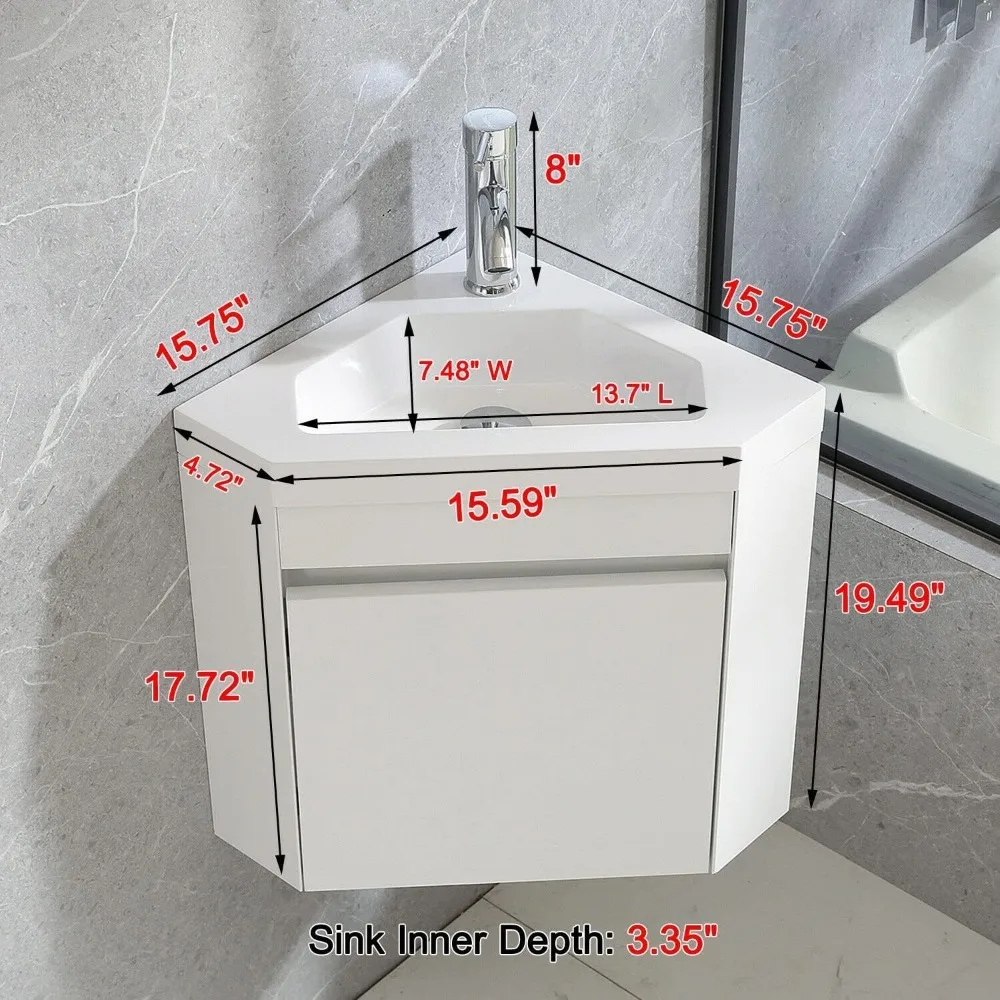16" Corner Bathroom Vanity Sink Combo, Wall Mounted Cabinet Set, w/ Basin Sink Top Chrome Faucet and Drain, Bathroom Vanity