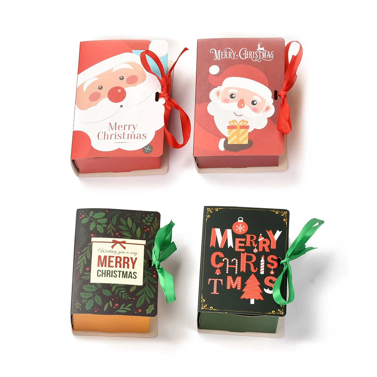 20 Sets Christmas Folding Gift Boxes Mixed Patterns Book Shape with Ribbon Gift Wrapping Box Xmas Candy Cookie DIY Packaging Box