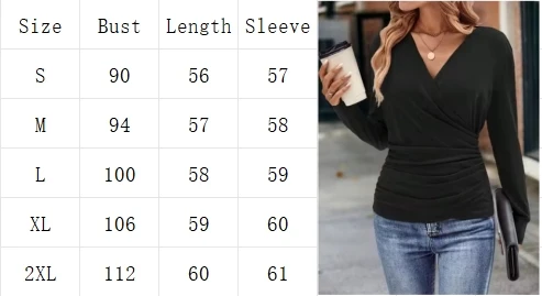 Schwarz Casual V-ausschnitt Langarm Plissee Einfarbig T-shirt frauen High Street Fashion Dating Vielseitig Herbst Elegante Top – Detail 1