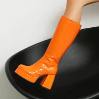 Purple Patent Leather Knee High Boots Waterproof Platform 10cm Thick Heel Bar Stage Boots 35-48  Zip Square Head Long Boots Side - Image 4