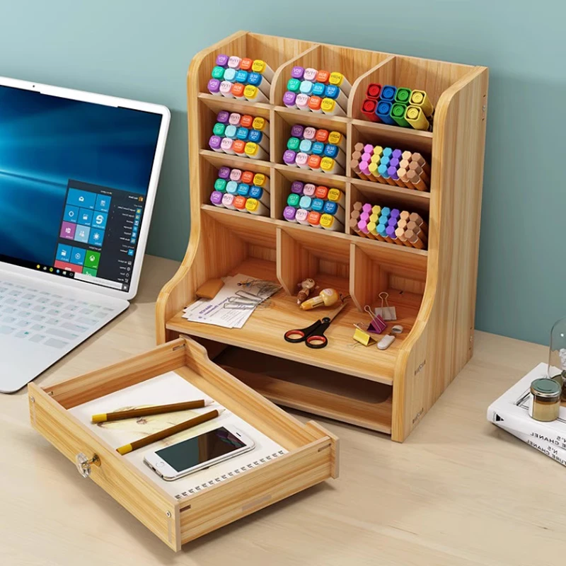 1pc Wooden Desk Organizer Multifunctional Desktop Stationery Pen Holder Box For Home Office School Supplies Storage Holder