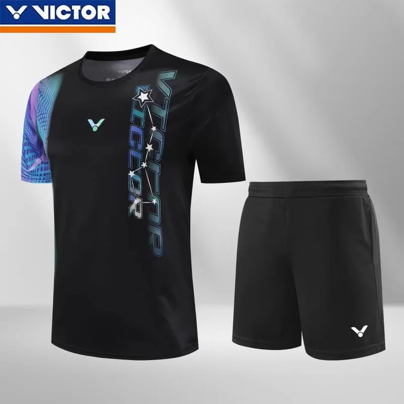 Victor New Men's and Women's Same Badminton Jersey Sports Short-sleeved Top with Shorts Set