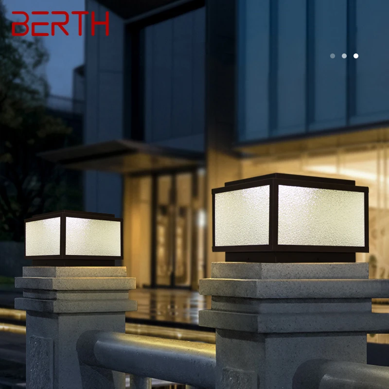 BERTH Outdoor Solar Post Lamp LED Creative Square Pillar Lights Waterproof IP65 for Home Villa Hotel Porch Courtyard