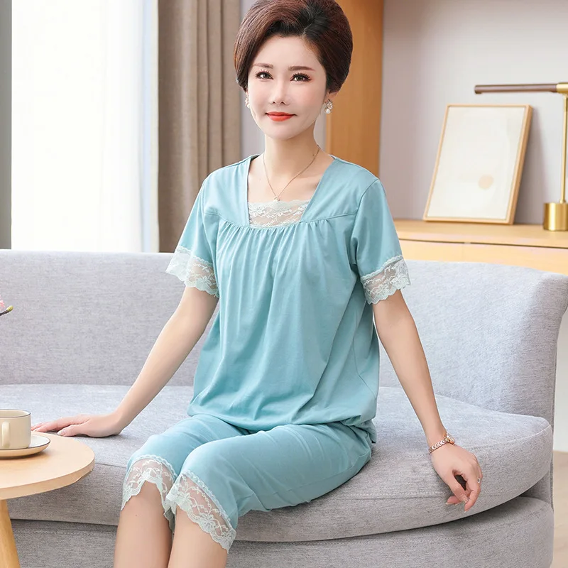 Middle Aged Mother Sleepwear Set New Short Sleeve Capri Pants Suit 2023 Pijamas Femininos Cotton Summer Pajamas For Women