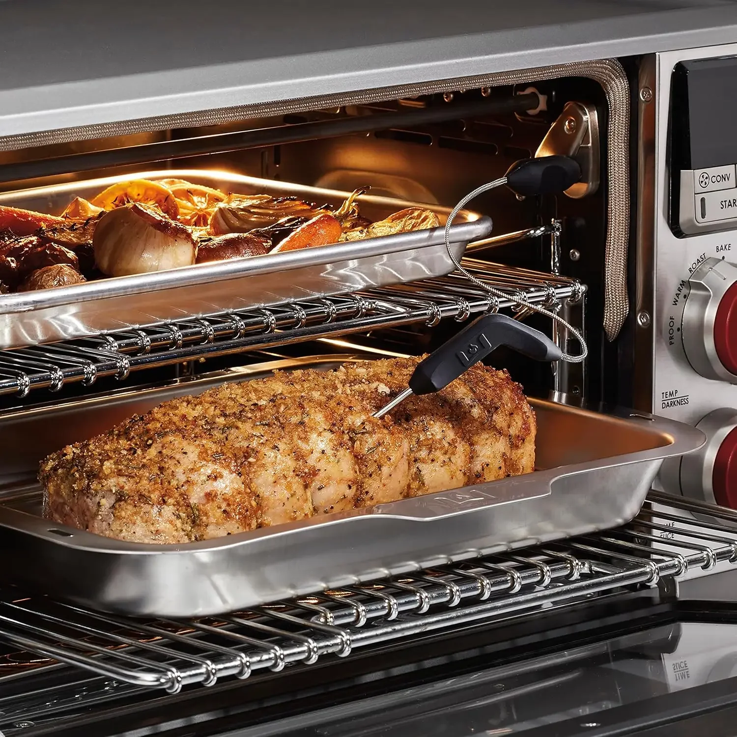 Wolf Gourmet Elite Digital Convection Toaster Oven with Temperature Probe, Stainless Steel and Red Knobs 5