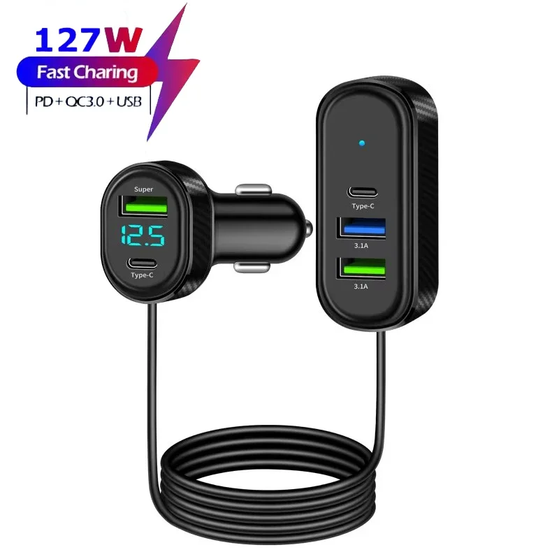 Super 66W High-Speed USB Type-C Car Charger with Voltage Detection & 1.5M Extension Cable