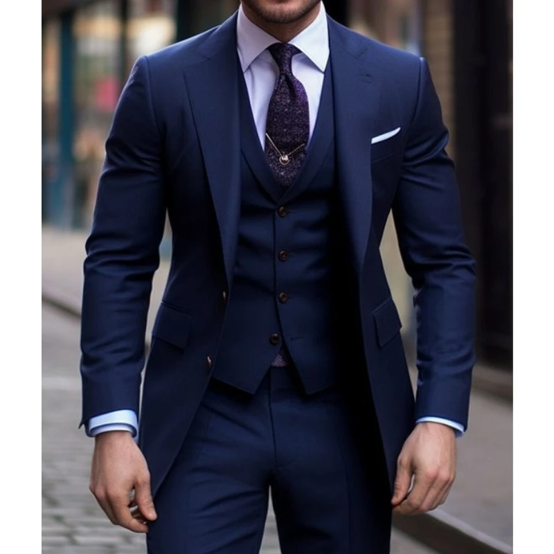 

Navy Blue 3 Pieces Casual Male Suits Slim Fit Notched Lapel Formal Best Men Wedding Groom Wear Blazer Tuxedos Trajes De Hombre