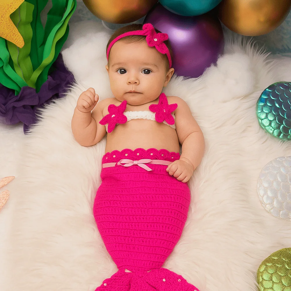 3pcs/Set Creative Baby Mermaid Costume Set Soft Handmade Newborn Photography Props Solid Color Washable Infant Knitted Costume