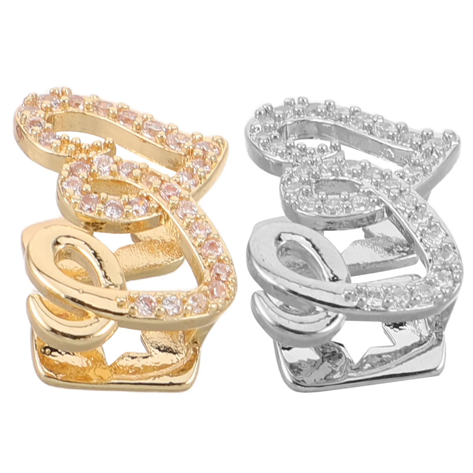 2개 하트 모양 치아 그릴 장 속이 빈 치아 캡 금속 그릴 성인용 큐빅 지르코니아 참 장식품 입 장식