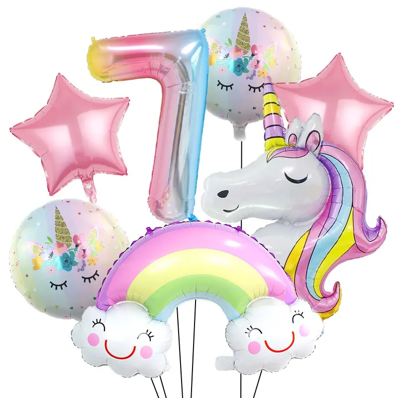 Regenbogen-Einhorn Geburtstagsparty Dekorations-Set Tischgeschirr Becher Teller Servietten Ballons Hintergrund-Banner Geschenktüten Mädchen-Partyzubehör – Detail 34