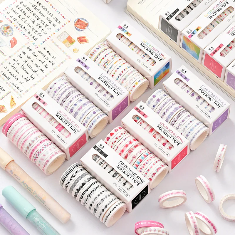 

10 Rolls Masking Washi Tape Set 8mm Foundation Iridescence Hand Tear Diy Account Decoration Paste Boxed Split Line Narrow Tapes