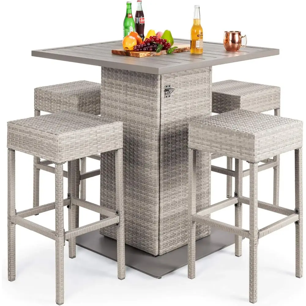 5-Piece Outdoor Wicker Bar Set – Metal Tabletop with Storage & Bottle Opener 1