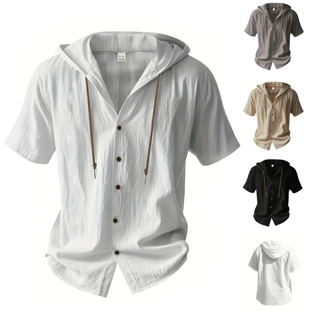 Cotton Linen Shirt for Men Hooded Short Sleeve Solid Color Breathable Lightweight Drawstring Design Shirts Casual Basic Tees 1