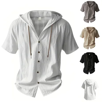 Cotton Linen Shirt for Men Hooded Short Sleeve Solid Color Breathable Lightweight Drawstring Design Shirts Casual Basic Tees 1