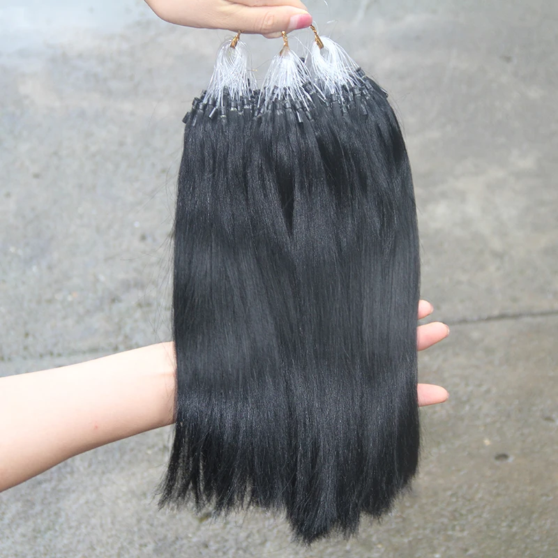 Remy Micro Ring Hair Extensions Straight Micro Loop Hair Extensions #1 jet-black Beads Pre Bonded 16Inch