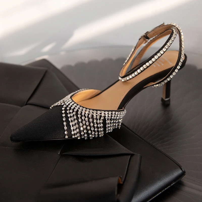 

Pointed Toe Crystal Female Pumps Fine Heels Shallow Women Shoes Ladies Buckle Strap Sandals Summer Slingback Zapatos Mujer