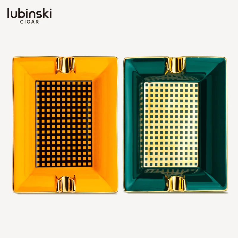 

LUBINSKI Cigar Ashtray Ceramic Double Trough Creative Gold Plated Square Pattern Cigarette Ashtray