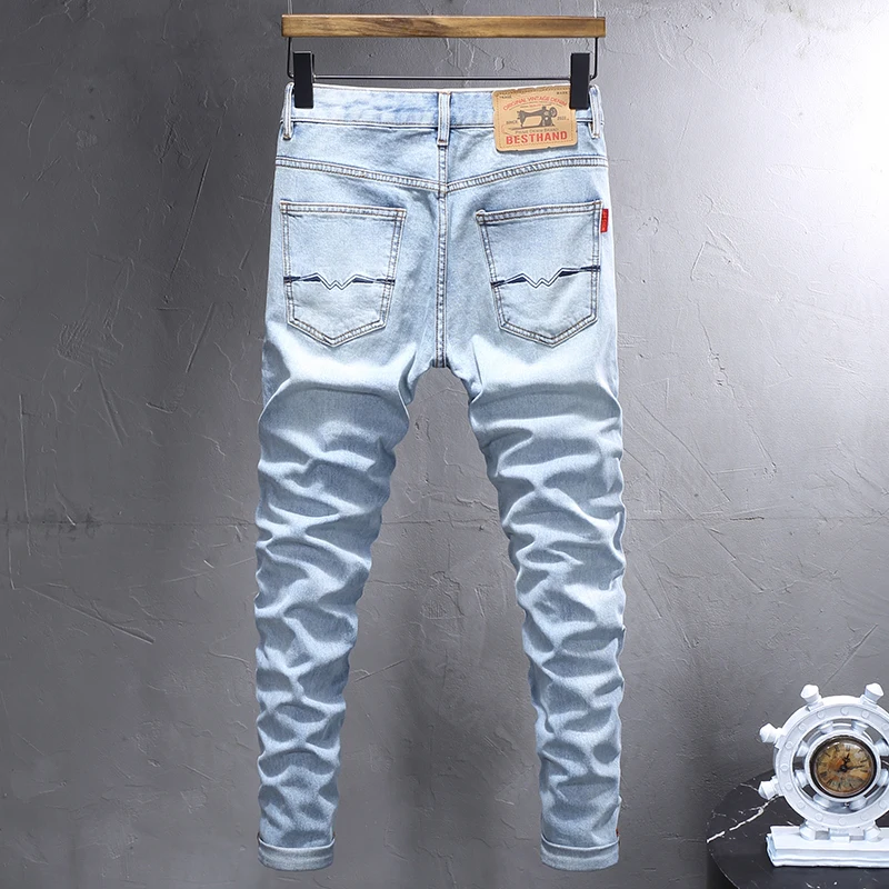 Fashion Designer Men Jeans Retro Light Blue Elastic Slim Fit Printed Jeans Men Korean Style Classical Simple Casual Denim Pants