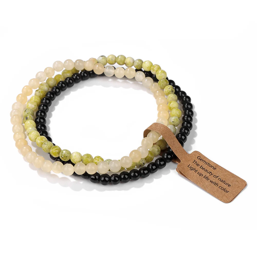 3 Teile/satz Natürliche Grüne Stein Armband 4mm Moos Achate Schwarz Onyx Cat Eye Perlen Elastische Armbänder Für Frauen Männer einfache Schmuck – Detail 8