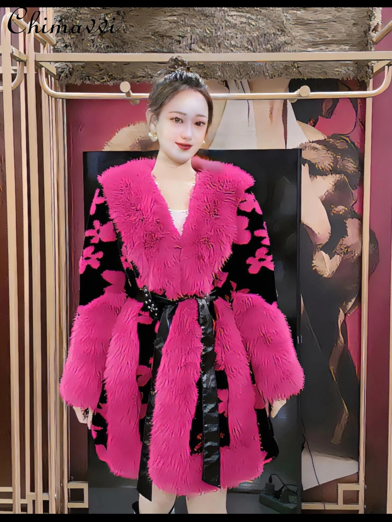 

New Fashion Color Contrast Thickened Furry Coat European Goods Slim Long Sleeves Warm Big Fur Collar Fur Jacket 2023 Winter