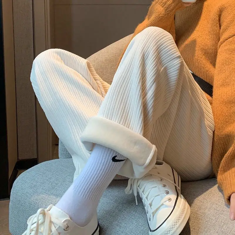 

chenille Cozy Fleece Lining Thick Wide Leg Pants For Women Autumn Winter Casual Keep Warm Loose Long Pants Lady Soft Trousers