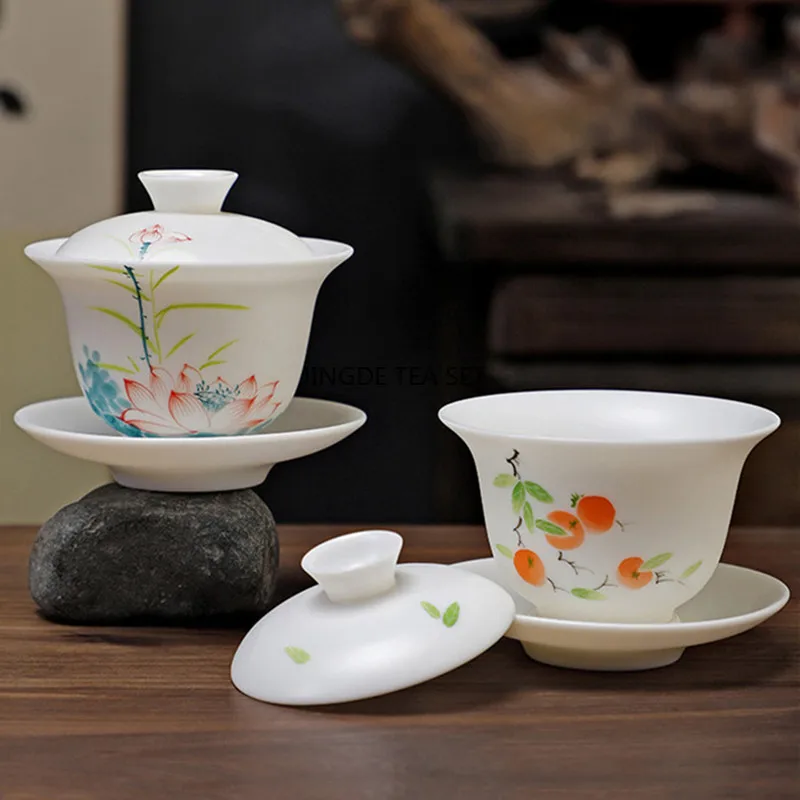 140ml Chinese handmade ceramic lid bowl velvet jade porcelain hand-painted flower tea bowl travel tea set