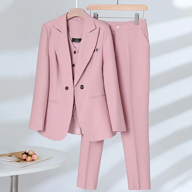 Pink Suits Women High End Autumn New Fashion Temperament Business Formal  Slim Blazer And Pants Office Ladies Work Wear Apricot - Pant Suits - ...