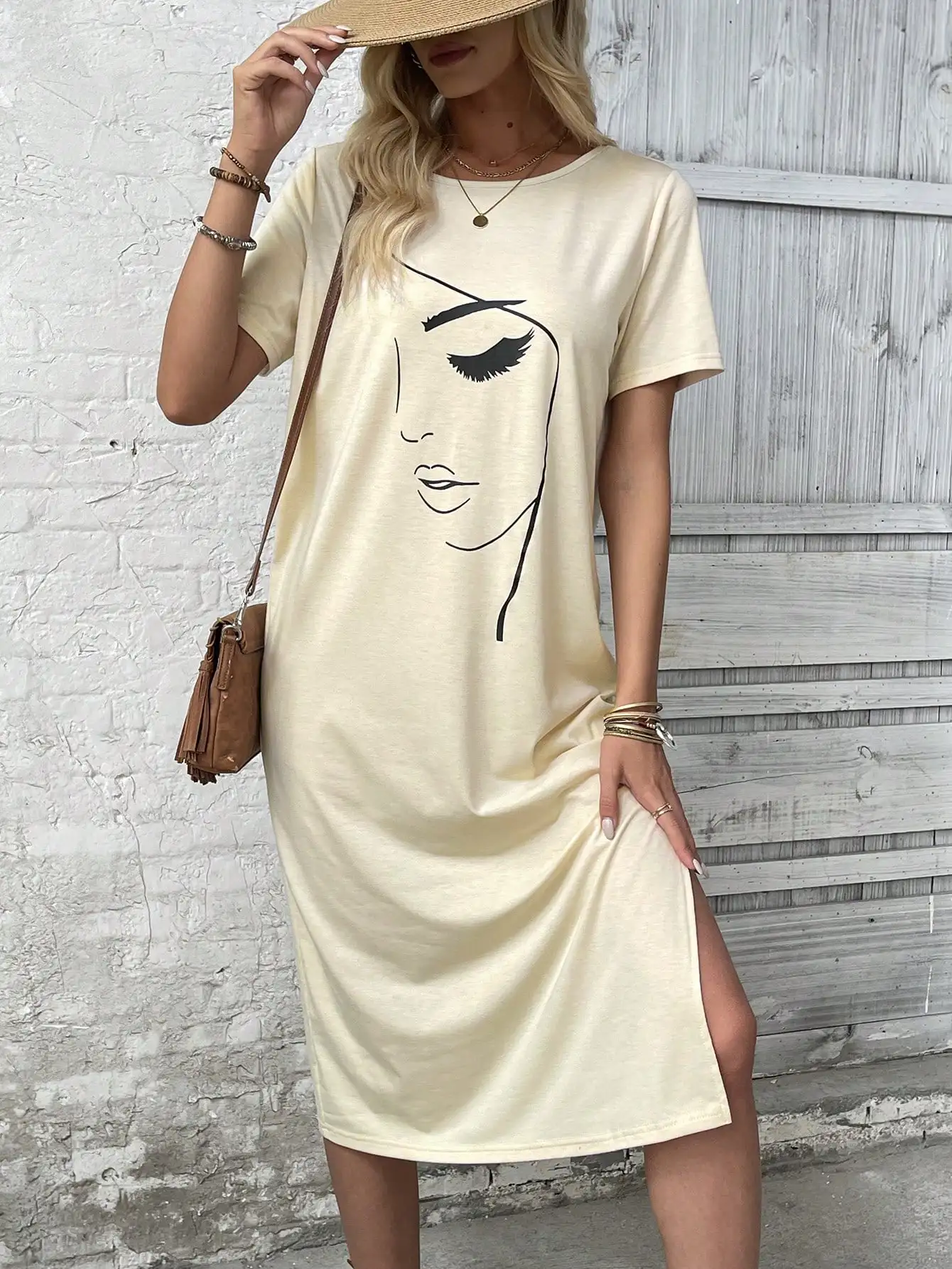 

LUNE Women'S Loose Fit Abstract Face Printed Dress Women's New Dress Round Neck Casual And Comfortable Version Is Loose