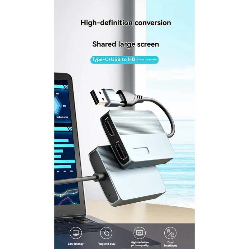 USB+Type-C-듀얼 호환 어댑터(2 모니터용) 1080P 듀얼 모니터 어댑터 확장 분배기 확장 디스플레이-A32R