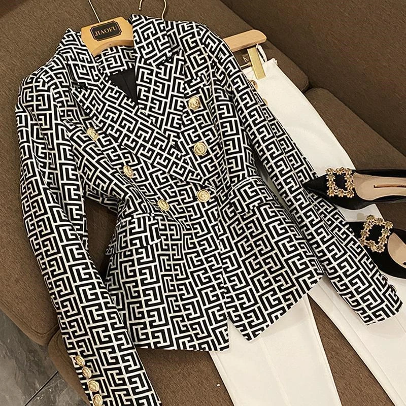 Spring Autumn Casual Suit Jacket Women 2024 New Loose Fashion Geometric Figure Coat Single Buckle Blazer Tops Outerwear Female