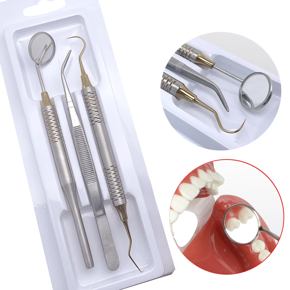 Black/Gold Handled Dental Tool Kit Explorer Tweezers Mouth Mirror Must-Have Dental Instruments for Oral Exams Dental Procedures 3