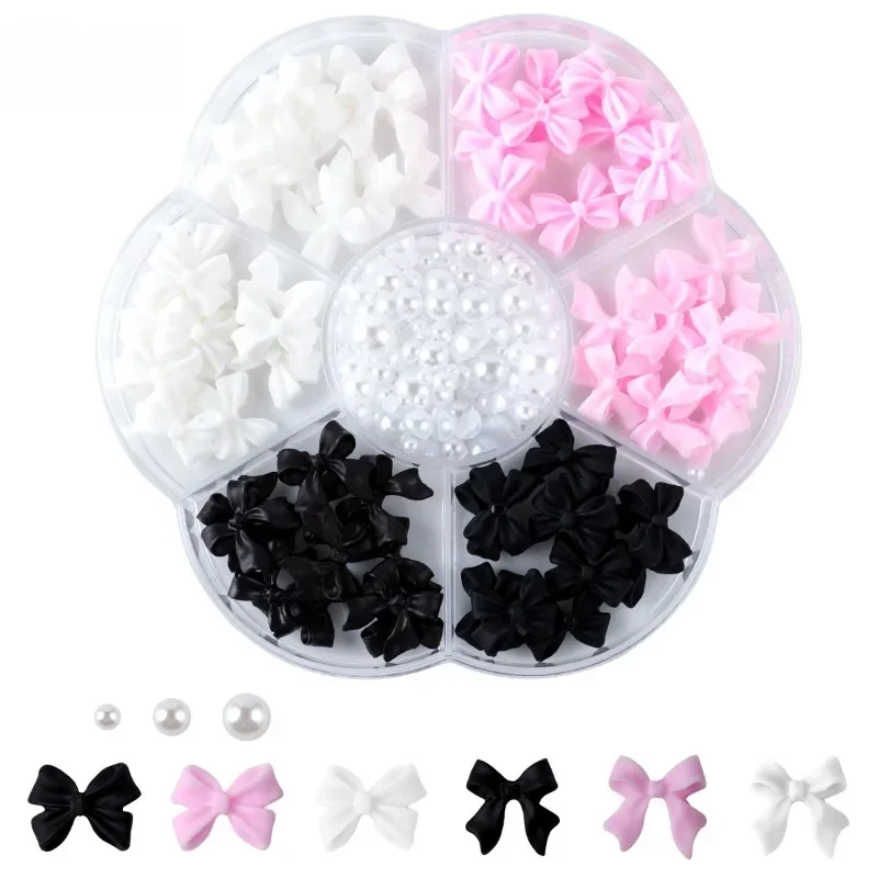 Mixed Acrylic Bowknot 3D Nail Art Decorations Flower Resin Charms Gold Beads Caviar Pearl Mixed Rhinestones Accessories Boxed 6
