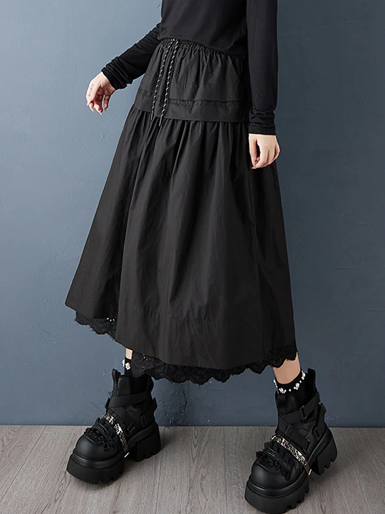 Black Vintage Spliced Lace High Waist Skirt Women New Plus Size Fashion Loose Casual Long Skirts Clothing Sping Autumn 2025