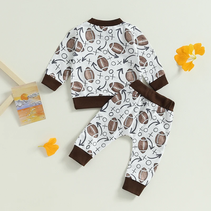 -06-12 Lioraitiin 0-3Years Toddler Baby 2Pcs Fall Outfit Football Print Long Sleeve Tops and Elastic Long Pants Set