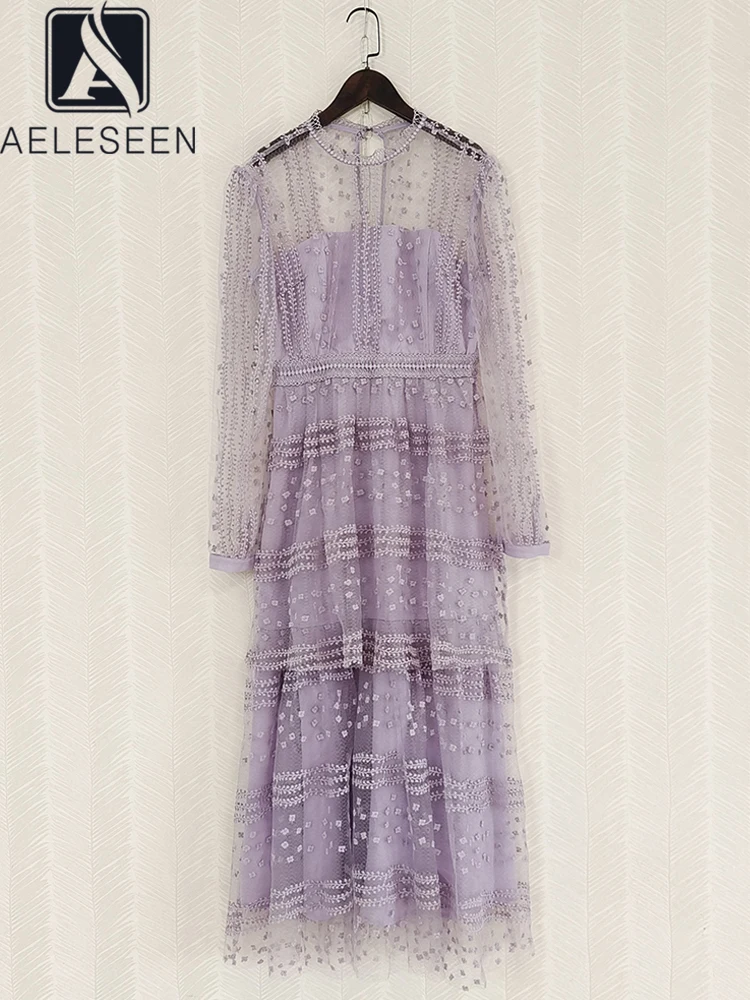 

AELESEEN Spring Summer Lace Dress Runway Fashion Lantern Sleeve Purple Flower Embroidery Ruffles Elegant Midi Party Holiday