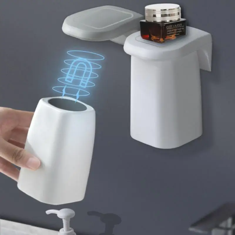Toothbrush Storage Rack 1PC Magnetic Toothbrush Cup Holder Wall Mounted Punch Free Tumblers Drain Mouthwash Bathroom