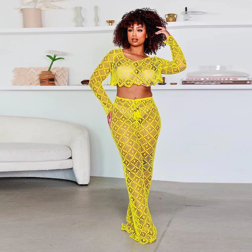 

Новинка Женская одежда летние рекомендуемые с длинным рукавом с круглым вырезом Модные темпераментные пляжные праздничные газовые прозрачные брюки костюм