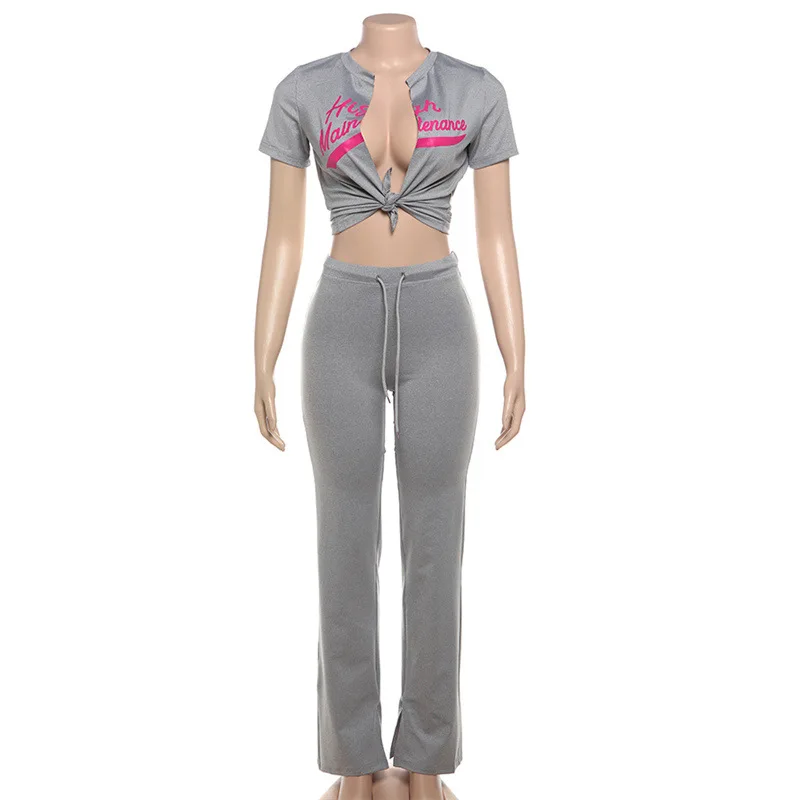 Letter Printed 2 Pieces Set Women Tracksuit 2024 Summer Short Sleeve Lace-up Crop Tops Drawstring Sweatpants Streetwear