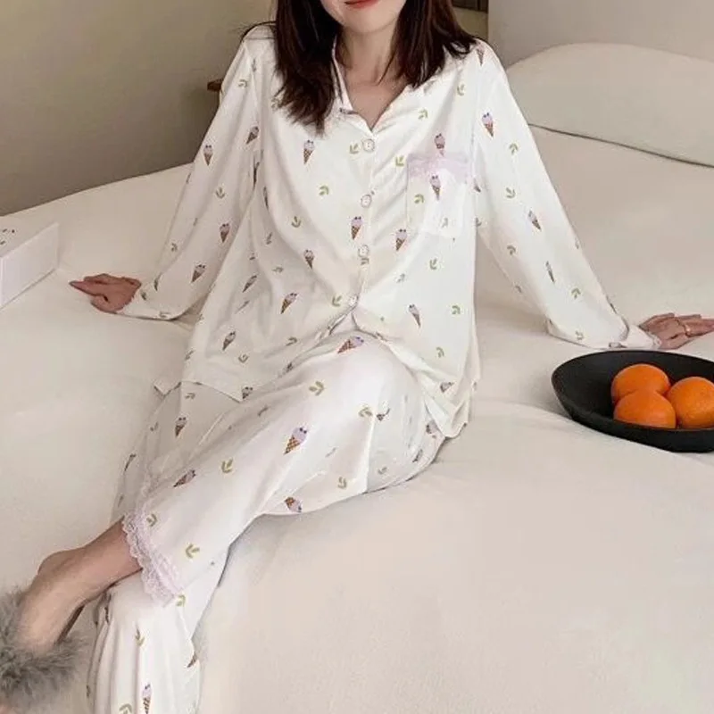 

Пижама женская весенне-летняя Милая сатиновая шелковая одежда для сна с принтом мороженого Новинка Пижама тонкая Домашняя одежда милая Пижама