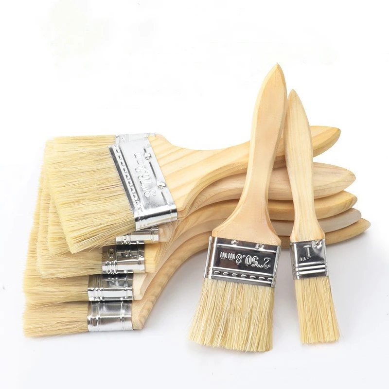 BBQ Brush Pig Hair Paint Brush Wooden Handle 1/2/3/4 Inch Soft Hair Painting Brushes for Wall and Furniture Paint Tool Set