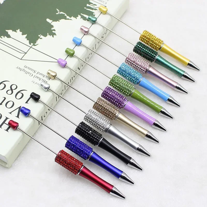 10pcs Diamond Beaded Pen Handmade DIY Beadable Ballpoint Pens Gift Colored Leopard Pattern Rhinestone Pen School Supplies