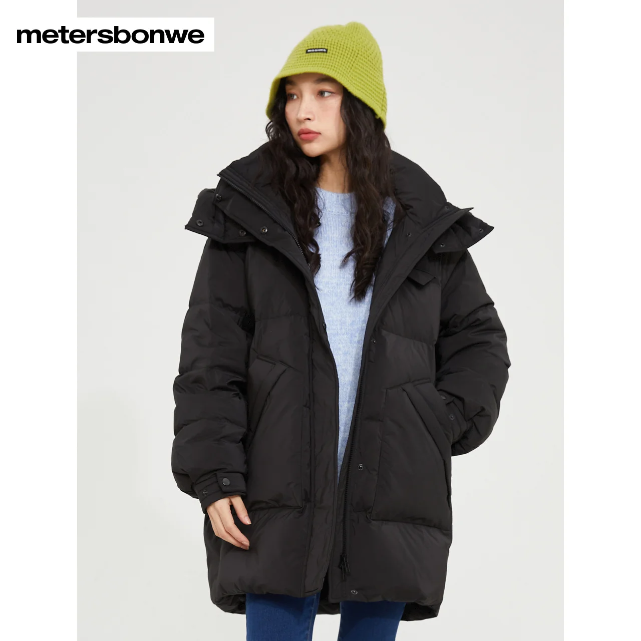 

Metersbonwe Women's 22New Winter Women's Triangular Pocket Long Hooded Down Jacket Medium Length 80%Duck Down Thick Warm Wear