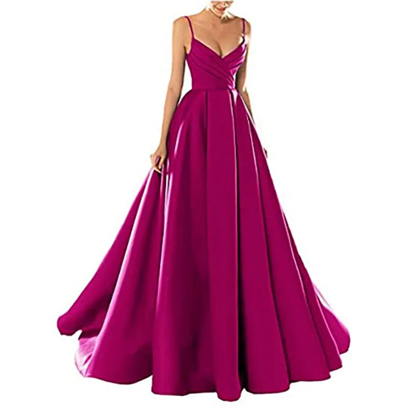 A Line Satin Spaghetti Pleat V Neck Evening Bridesmaid Dresses Wedding Party Formal Prom Birthday Floor Length Lace Up Back