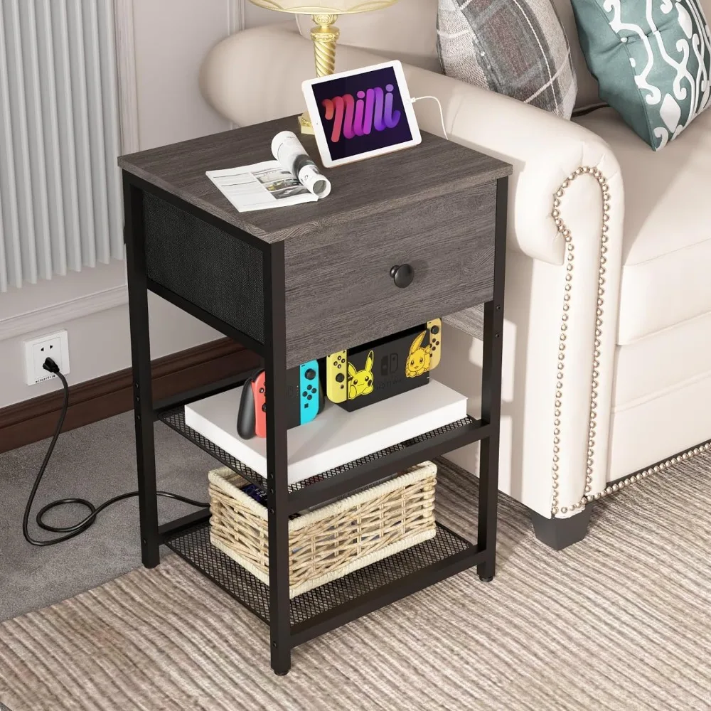 

Nightstands Set of 2 with Charging Station, Bedside Tables with Fabric-Wood 2-in-1 Drawer, End Table for Small Spaces