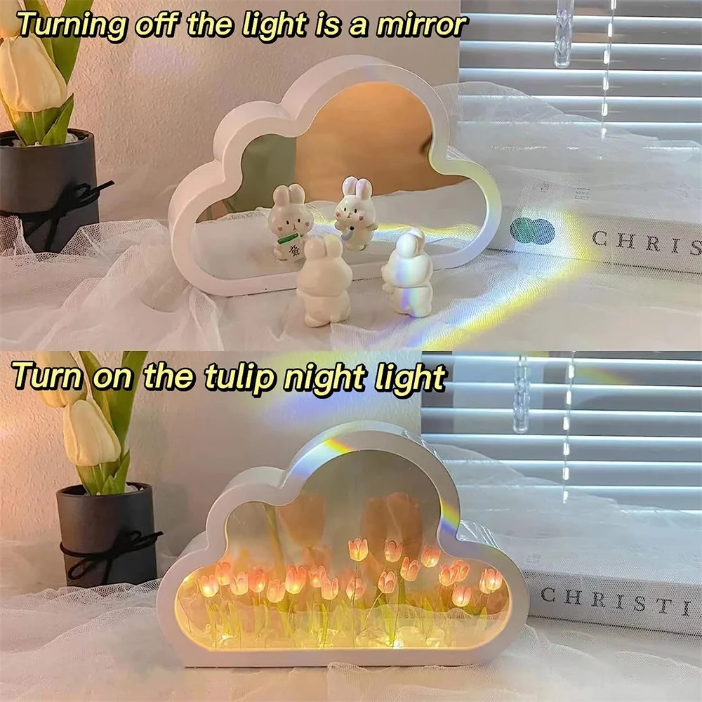 DIY 클라우드 튤립 야간 조명 수제 LED 거울 램프, 홈 데스크탑 장식, 2 인 1 튤립 꽃 거울, 어린이 소녀 선물