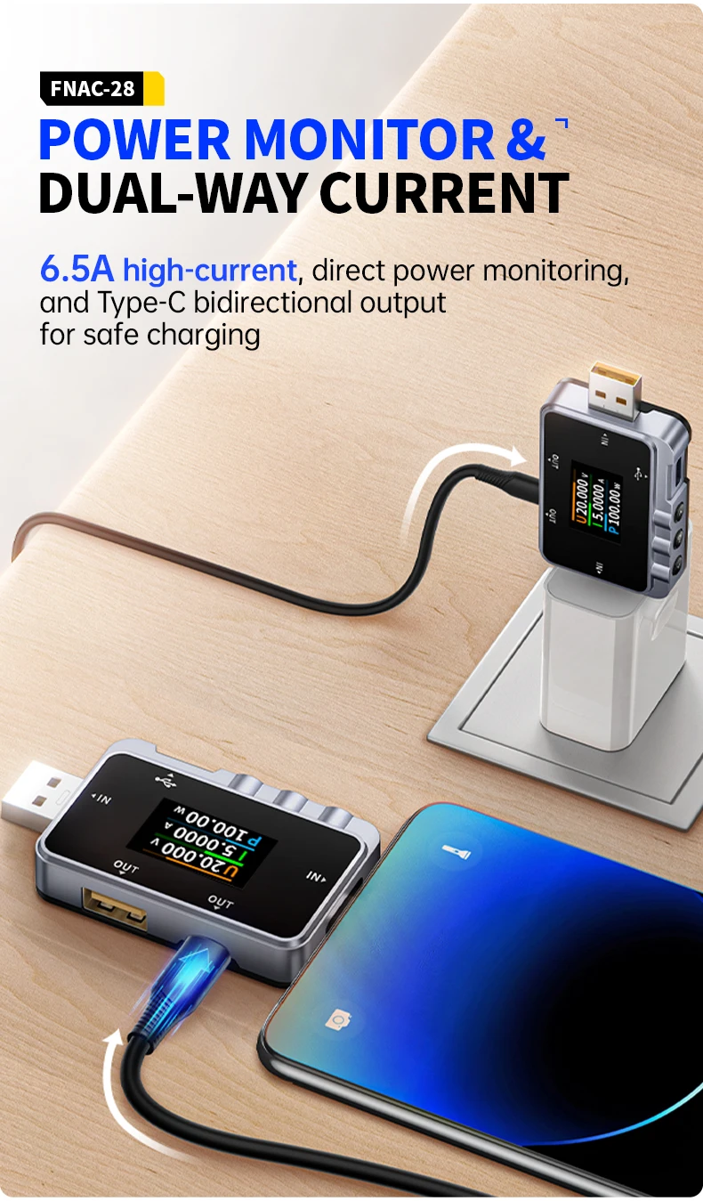 FNAC-28 тестер USB Type-C 2 в 1, цифровой амперметр и вольтметр 6.5А