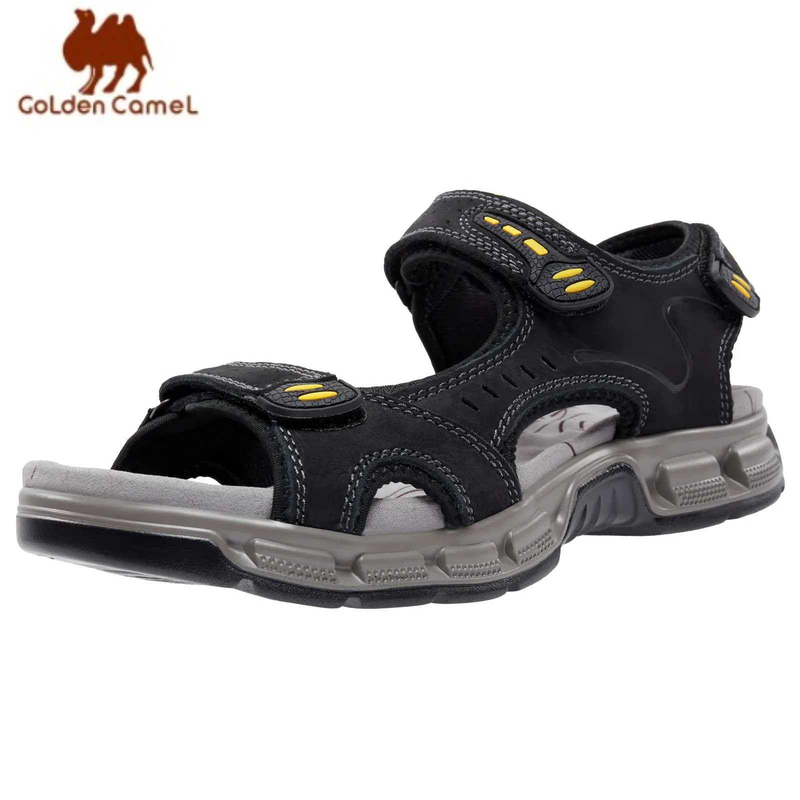 GOLDEN CAMEL 남성용 가죽 샌들, 야외 스포츠 하이킹 샌들, 여름 2023 오픈 토 조절 스트랩, 수상 해변 신발