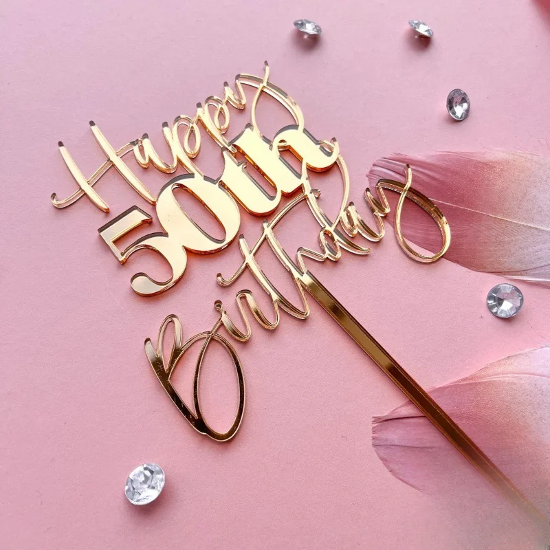 New Cake Topper 50 Golden Acrylic Happy Birthday Cake Topper for Birthday Party Cake Decoration