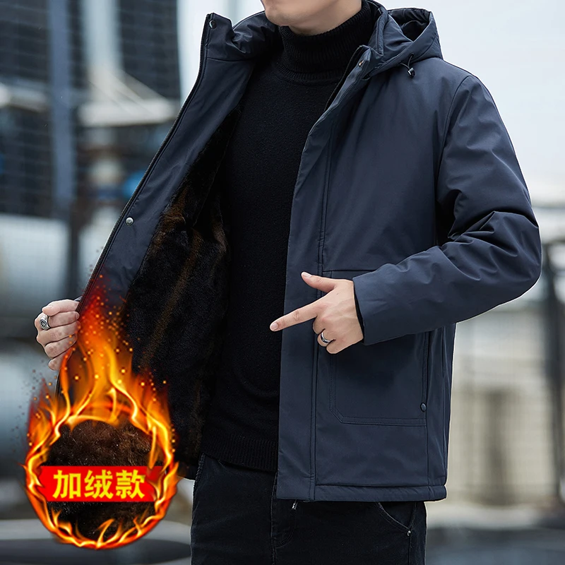 Men's 2024 Autumn and Winter Hooded Patchwork Zipper Pockets Solid Color Cotton Jacket Casual and Versatile Long Sleeved Jacket