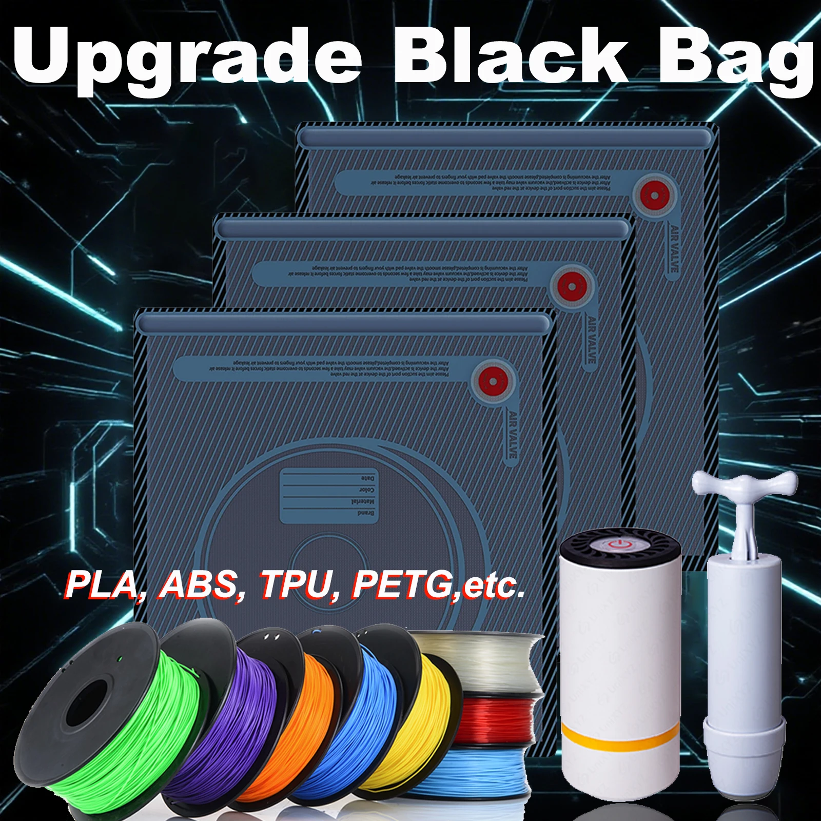 Sac de rangement de filament 3D, Protection UV améliorée, joint hermétique réutilisable, sac sous vide noir sec résistant à l'humidité, convient ABS PLA PETG TPU